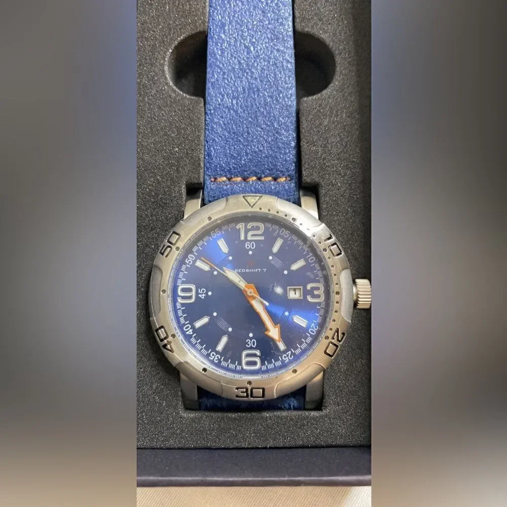 NWB Redshift 7 Blue Watch Stainless Steel Genuine Leather Water Resistant